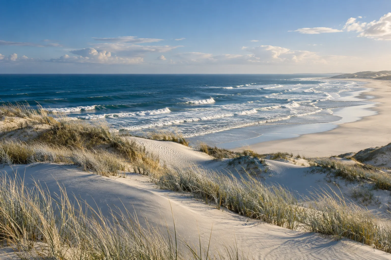 Coastal grasses and pale dunes overlooking the blue ocean