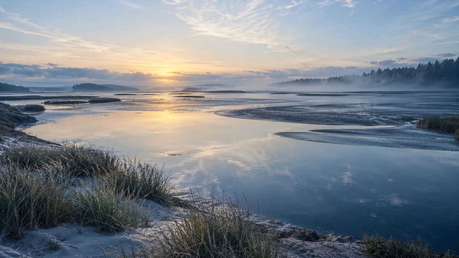 First light reflected across a quiet coastal estuary